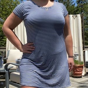 Blue and white striped t-shirt dress